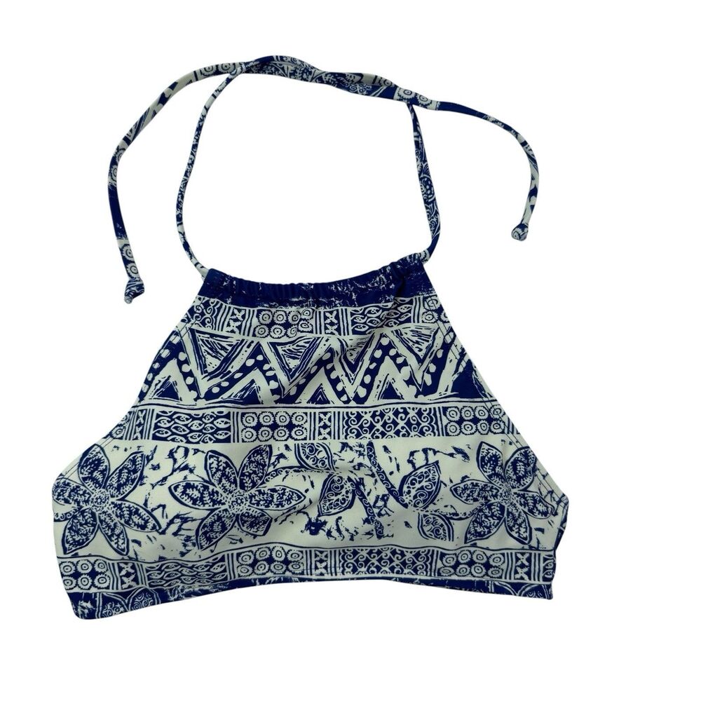 Out from Under NEW Halteneck Bikini Top Small Blue Crop Handkerchief Print